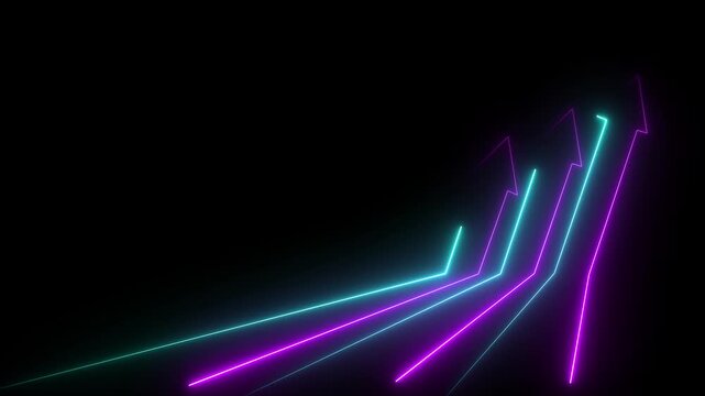 3 Glowing neon business arrows in a row slanted pointing up.4k motion graphics video animation