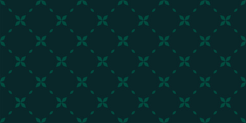 Fototapeta premium Subtle minimal floral texture. Elegant geometric seamless pattern with small flowers, leaves, lattice, grid. Vector abstract dark green background in oriental style. Repeated design for textile, print