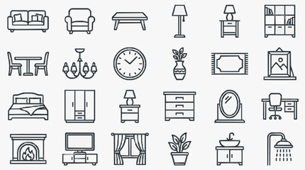 Fototapeta premium Professional Minimalist Black and White Line Icons Set of Home and Living Room Furniture and Decor Items