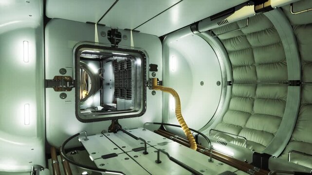 Transfer module cargo bay space station with latch and rail system, payload cradle, fastening brackets and padded walls for secure transfer operations