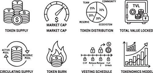 Obraz premium Cryptocurrency and blockchain finance icons, token supply, market cap, vesting schedule.