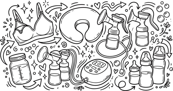 Breastfeeding and motherhood essentials hand drawn doodle graphic with breastfeeding motherhood illustration maternity breastpump supplies monochrome creative elements collection