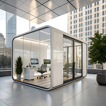 Glass walled office pod with desk and chair modern architectural rendering