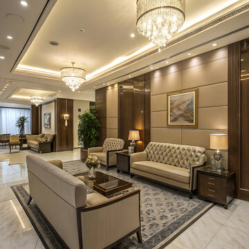 Elegant office waiting area with neutral toned furniture and crystal chandeliers