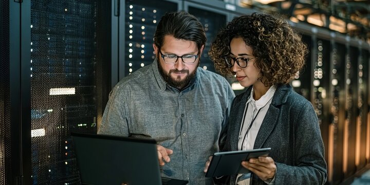 Dedicated IT Professionals Engaged in Collaborative Server Maintenance and Network Diagnostics Tasks