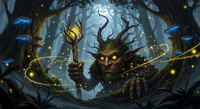 Menacing forest goblin with glowing staff peeking through dark enchanted woods at night.