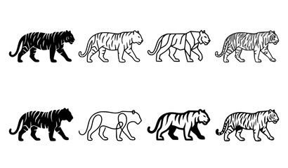 Tiger Walking Silhouette Collection with Different Poses Wild Cat Wildlife Vector Illustration Set © Boloram