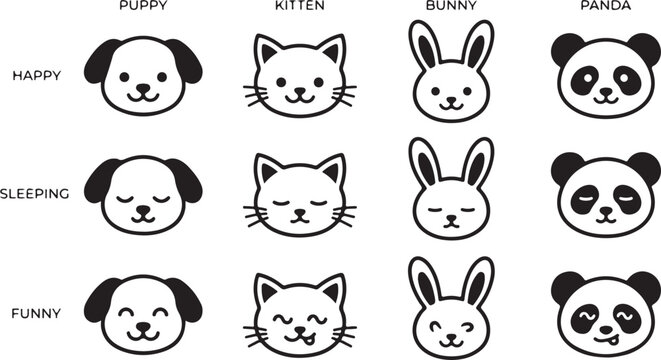 Happy sleeping funny dog cat bunny panda faces line art icons set, simple playful cute expressions.