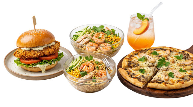 Gourmet fast food assortment with crispy chicken burger, shrimp poke bowls, mushroom pizza and peach cocktail, delicious restaurant menu variety