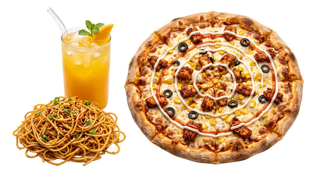 Gourmet chicken pizza with olives and corn, stir-fried noodles with green onions, refreshing orange juice with mint, fast food combo on white background