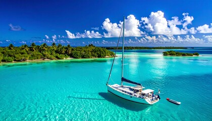 Obraz premium Tropical paradise with sailboat on crystal clear waters.