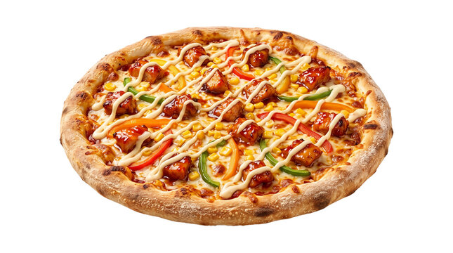 Gourmet BBQ chicken pizza with bell peppers and corn, delicious thin crust pizza topped with creamy garlic sauce, whole roasted chicken pizza on white background