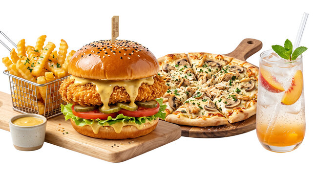 Gourmet crispy chicken burger with melting cheese, mushroom pizza on wooden board, french fries and peach soda, fast food combo meal on white background