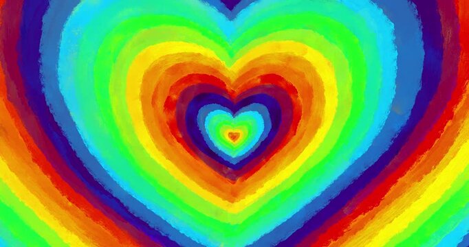 Rainbow color heart grow on black grunge strobo background. Hand drawn cute texture cartoon crazy animation. Crazy doodle cartoon style frame by frame classic crayon paint old style animated.
