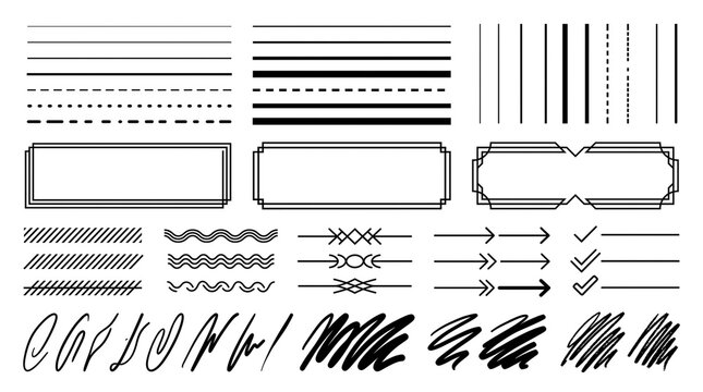 Minimalist black line art elements, geometric border frames and decorative dividers, hand drawn scribbles and arrows for graphic design