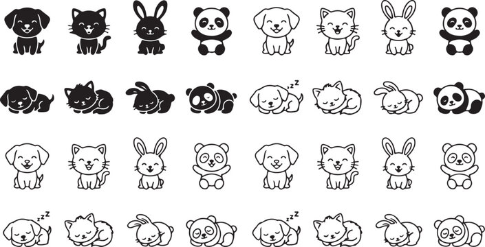 Various cartoon puppies kittens bunnies pandas in happy sleeping funny standing sitting poses.