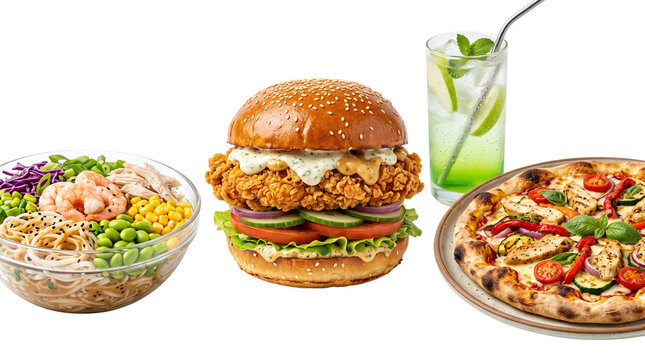 Gourmet fast food assortment with crispy chicken burger, fresh shrimp poke bowl, vegetable pizza and lime mojito, isolated on white background