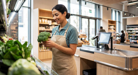 Fototapeta premium Smiling grocery store cashier carefully checks the freshness and quality of broccoli in the supermarket produce section.