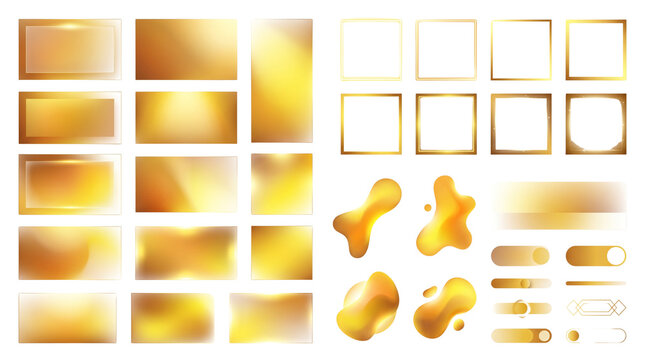 Golden gradient collection with metallic textures, luxury gold frames and abstract liquid shapes, elegant UI elements for premium web design