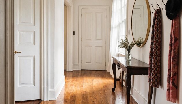 Elegant hallway with white doors, polished wood floors, console table, round mirror, flowers, and hanging coats suits real estate and interior decor promotions.