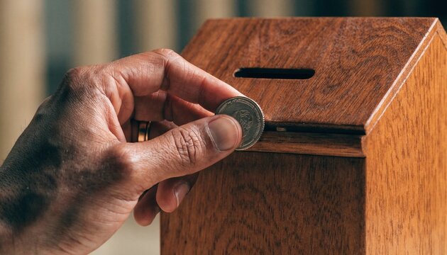 A hand inserts a coin into a wooden donation box, illustrating charity giving, fundraising, church offerings, or personal savings campaigns.