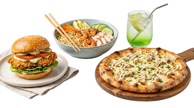 Gourmet fast food assortment with crispy chicken burger, artisan pizza and shrimp poke bowl, fresh restaurant meal collection on white background