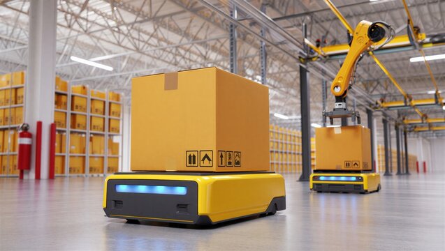 Smart automated warehouse logistics with AGV robots and robotic arms handling cardboard boxes for efficient supply chain distribution- 3D rendering
