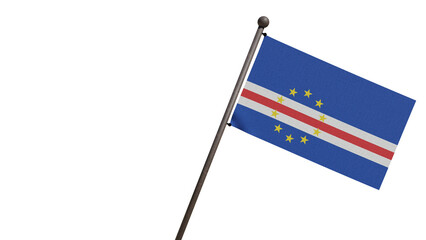 Fototapeta premium A realistic 3D render of the Cape Verde national flag waving on a wooden flagpole, isolated against a transparent background with copy space