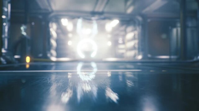 Blurred space station entry with glowing halo and reflective surfaces, shallow depth, soft bokeh lights, quiet threshold feeling, suspenseful approach scene.