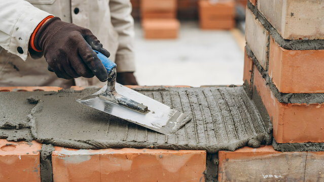 A construction worker spreading mortar on bricks with a metal trowel