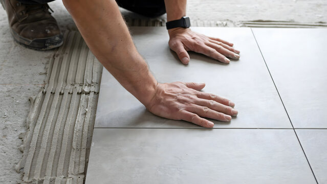 A construction worker installing ceramic floor tiles on a thin set mortar bed
