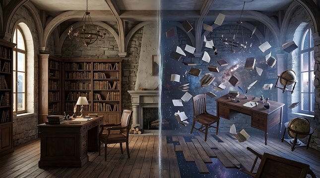 Vintage library room transitioning into a surreal cosmic dimension