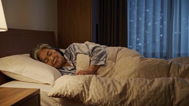 Elderly man sleeps in bed with soft sheets and pillow. Warm light from lamp creates cozy setting in bedroom. Concept of sleep aids, health care, elder care