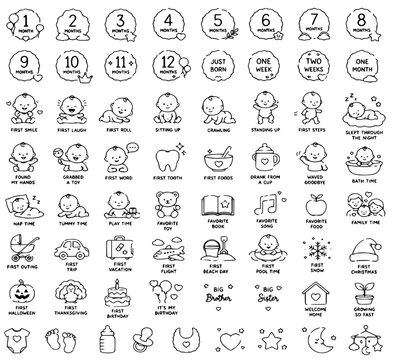 Baby First Year Milestones and Growth Tracker Outline Icon Set. Vector Line Icons for Newborn Memories, Monthly Growth, Parenting Guide, Baby Shower, and Child Development