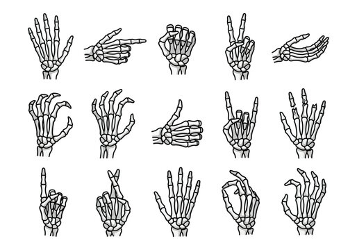 Halloween skeleton hands clipart grid featuring creepy bone gestures for spooky graphic design