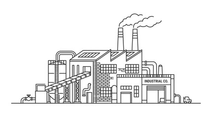 Fototapeta premium Industrial building with smoking chimneys and conveyor belt line drawing