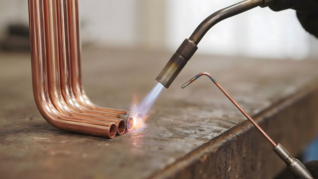 Industrial worker using a gas torch to solder copper pipes in a workshop