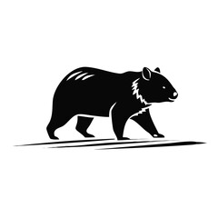Fototapeta premium Black silhouette depicting wombat crossing road, illustrating Australian marsupial. Design emphasizes stocky body and short legs, conveying movement of wombat crossing road.