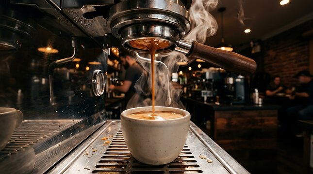 Freshly Brewed Espresso Coffee Pouring into a Black Cup in a Professional Coffee Shop Setting with Rising Steam