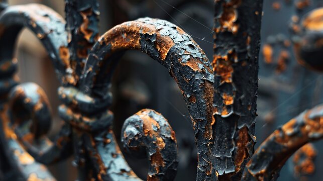 Aged wrought iron scroll flaking close up
