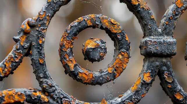 Aged wrought iron scroll flaking close up