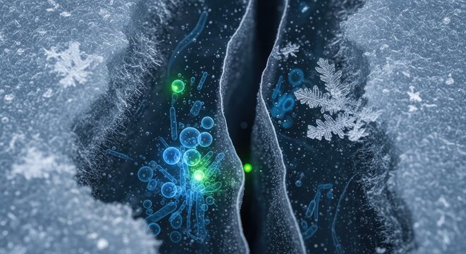 Snowball Earth conditions, resilient microbial life within deep frozen fissures, extremophile organisms thriving in harsh glacial environments, a significant geological epoch