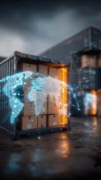 A shipping container filled with cardboard boxes is illuminated by glowing orange light. ..Created with Generative AI, not depicting real subjects.