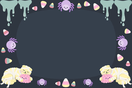 Cute pastel goth Halloween mummy Scottish Fold cat and pink brain toys creating a spooky layout frame with an empty center space.