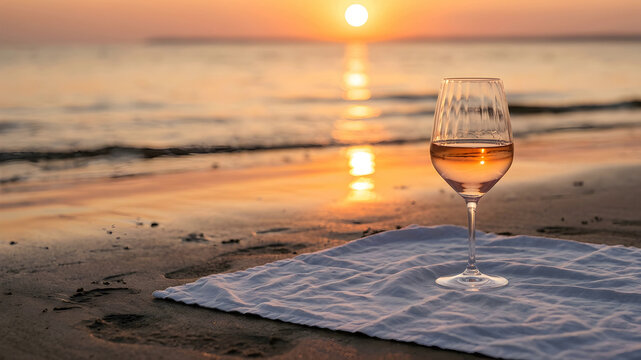 Glass of rose wine on a cloth at the sandy beach during sunset with the sun disappearing on the horizon casting its reflection on the sea