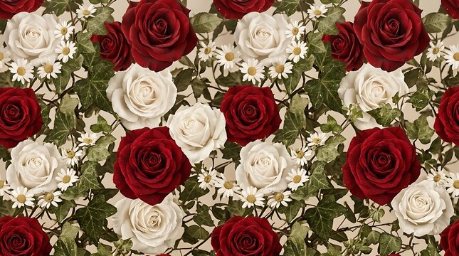 Elegant seamless pattern with red and white roses daisies and ivy