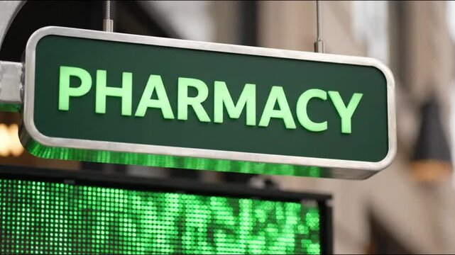 Pharmacy hanging sign illuminated with bright green light letters captures the essence of healthcare industry movement in this high quality professional digital motion animation video clip