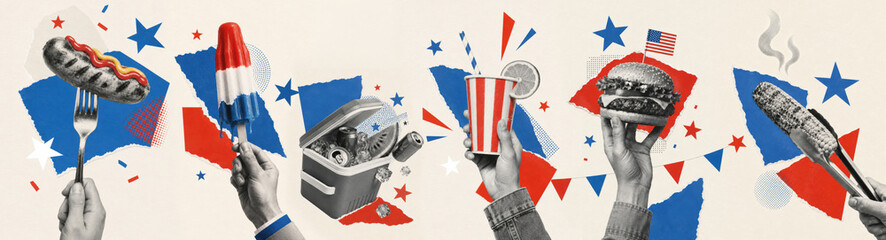 Obraz premium USA 4th of July celebration paper collage with barbecue food, cold drink, cooler and patriotic red white blue summer party
