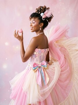Smiling Black woman in pastel rococo lace corset dress with colorful bows holding a pink macaron, hair adorned with macarons, pearls and feather against sparkling pink background