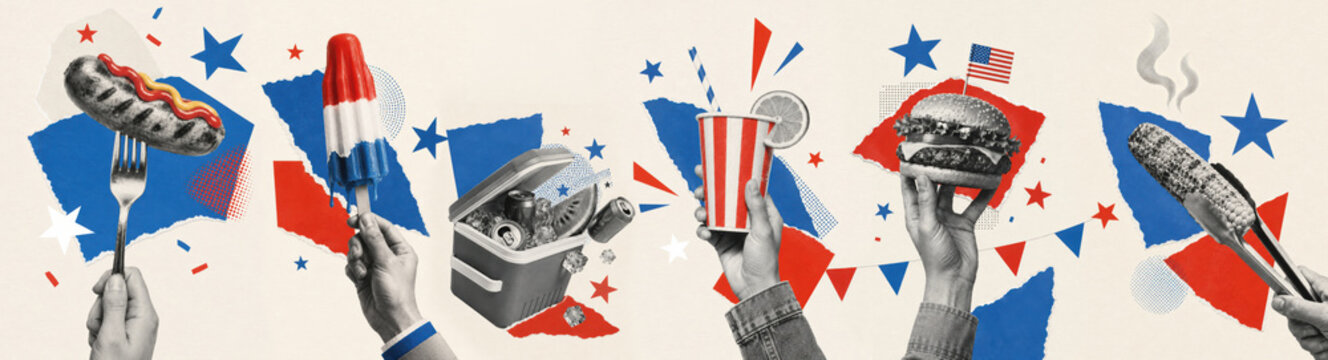 USA 4th of July celebration paper collage with barbecue food, cold drink, cooler and patriotic red white blue summer party